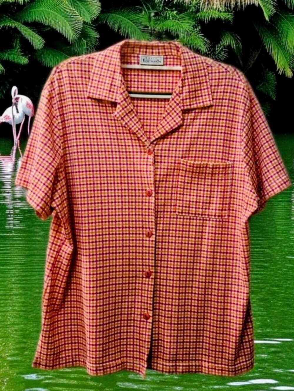 Checkered Womens Short-Sleeve Shirt - Pink & Orange